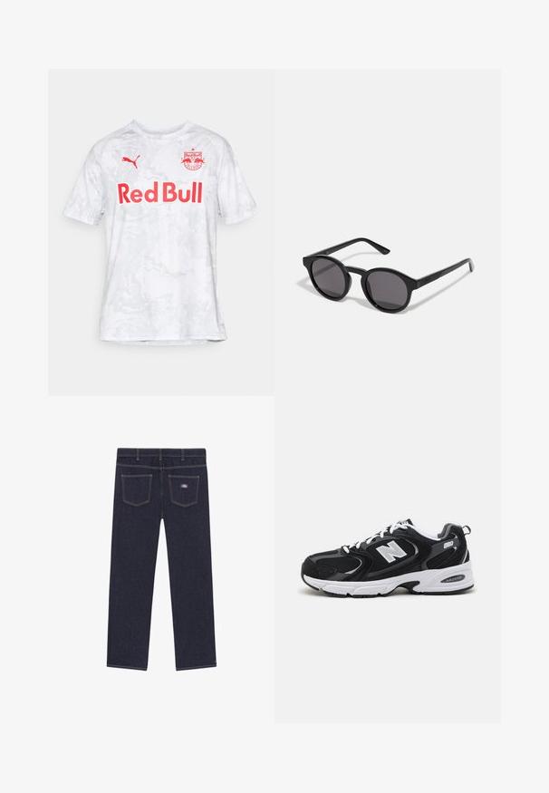 Biely futbalový dres s krátkym rukávom a textúrovaným, mramorovým vzorom; obsahuje nápis "Red Bull" v tučnom červenom písme a logo Puma.; Tmavomodré džínsy so rovný strih, s dvoma zadnými vreckami a kontrastným žltým šitím. Značková etiketa na pravom vrecku.; Čierne a šedé športové topánky s hornou časťou z mikrovlákna a zamatu, s bielou medzipodrážkou, šnúrkami a výrazným logom "N" na boku.; Čierne slnečné okuliare s okrúhlym, mierne vlnitým rámom, tmavými šošovkami a rovnými čiernymi nohami. Hladký, lesklý povrch bez viditeľných vzorov.