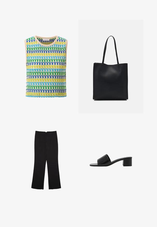 Gestricktes ärmelloses Oberteil mit horizontalen Streifen in Grün, Blau und Gelb, mit einem beigen Saum. Weiche Textur, offenes Gewebe-Design.; Schwarze Hose mit geradem Schnitt, ausgestattet mit Fronttaschen und Seitenschlitzen am Saum. Hergestellt aus weichem, glattem Stoff. Geeignet für verschiedene Anlässe.; Schwarze Leder-Sandale mit offenem Zehenbereich, breitem Riemen und solidem Blockabsatz. Sie zeichnet sich durch eine glatte Textur und ein minimales Design aus.; Schwarze Laptoptasche aus Leder mit glatter Textur, rechteckiger Form und zwei langen Griffen. Keine sichtbaren Beschläge oder Verzierungen.