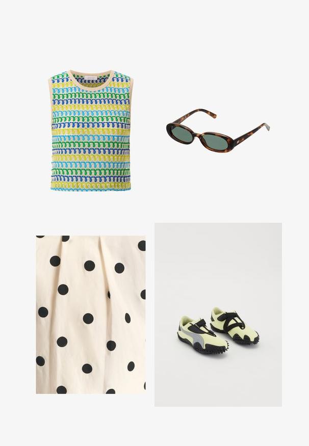 Strikket ærmeløs top med vandrette striber i grøn, blå og gul, med en beige kant. Blødt tekstur, åbent vævdesign.; Bomuldsstof har en cremefarvet baggrund med jævnt fordelt sorte prikker. Teksturen fremstår glat med let draperingsdetalje.; Sko med en lys gul overdel med sorte detaljer, sikker rem og en tekstureret sort gummisål. Designet til trækkraft og støtte.; Skildpaddemønstrede solbriller med ovale stel og grønne linser. Har tynde arme med en metallisk detalje nær hængslerne.