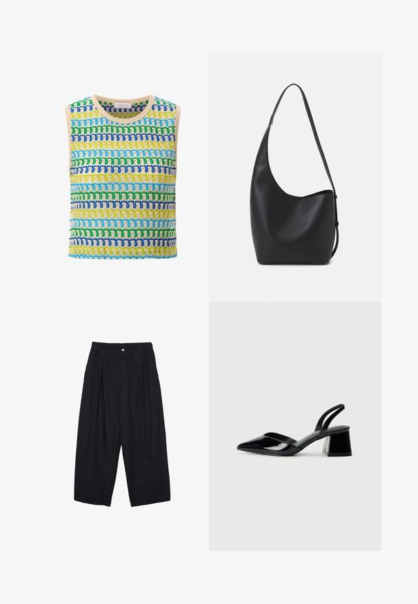 Top senza maniche lavorato a maglia con strisce orizzontali in verde, blu e giallo, con rifinitura beige. Tessuto morbido, design a trama aperta.; Pantaloni culotte neri in poliestere con una cintura elastica, due pieghe frontali e una silhouette ampia. Nessun motivo visibile o dettagli in metallo.; Décolleté in vernice nera con punta affusolata e tacco in geometria cubica. Presentano un design elegante e minimalista, con una texture liscia.; Borsa hobo nera in pelle con una superficie liscia, forma curvata e una singola tracolla regolabile; presenta un'ampia apertura nella parte superiore.