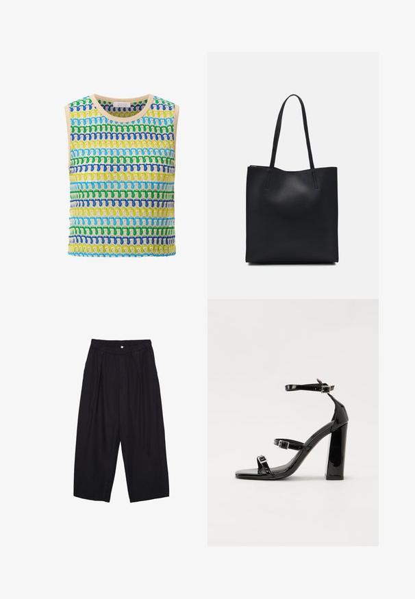 Top senza maniche lavorato a maglia con strisce orizzontali in verde, blu e giallo, con rifinitura beige. Tessuto morbido, design a trama aperta.; Pantaloni culotte neri in poliestere con una cintura elastica, due pieghe frontali e una silhouette ampia. Nessun motivo visibile o dettagli in metallo.; Sandali con tacco in vernice nera, con punta squadrata, cinturini alla caviglia e fibbie in argento. Presentano un tacco a blocco spesso per maggiore stabilità.; Borsa tote in pelle nera con texture liscia, forma rettangolare e due manici lunghi. Nessun hardware o decorazione visibile.