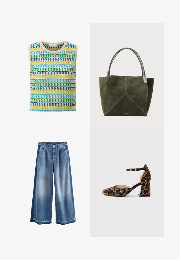 Top tricotat fără mâneci, cu dungi orizontale în verde, albastru și galben, având o margine bej. Textură moale, design cu țesătură deschisă.; Pantaloni din denim cu picioare largi, de culoare albastru deschis până la mediu, cu un finisaj decolorat, buzunare clasice și închidere cu nasture. Material din bumbac rezistent.; Pantof strălucitor cu toc înalt, bej și auriu, cu curea la gleznă, vârf ascuțit și toc pătrat, având un model din tip leopard.; Geanta tote din suede verde măslin cu un model geometric de cusături, mânere din piele gri și un logo auriu pe bază. Textură moale, design spațios.