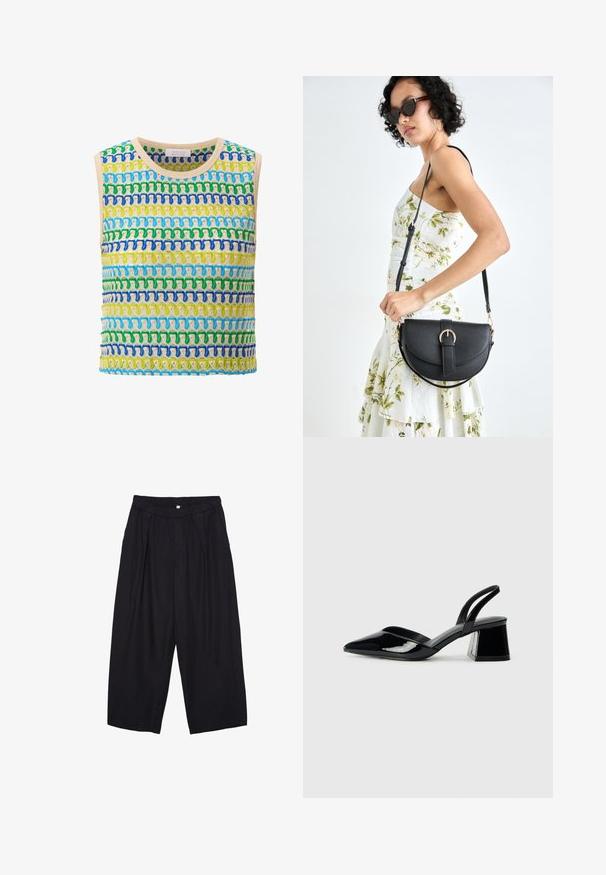 Sleeveless top featuring a knitted pattern in vibrant blues, greens, and yellows. Multicolored horizontal stripes with a slight texture.; Black polyester culotte pants with an elastic waistband, two front pleats, and a loose silhouette. No visible patterns or hardware details.; Black patent leather slingback heels with a pointed toe and a geometric block heel. Features a sleek, minimal design and smooth texture.; Black leather handbag with a curved shape, detachable strap, and gold hardware. The bag features a flap with a buckle detail.