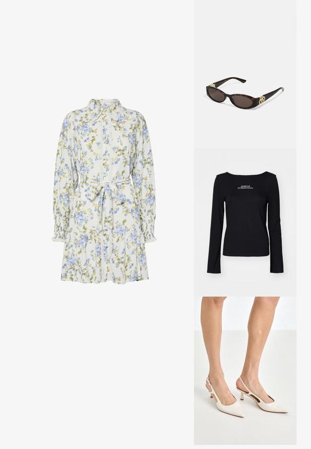 Schwarzes Langarmshirt aus leichtem Stoff. Mit einem Rundhalsausschnitt und einem weißen, gestickten "BARBOUR INTERNATIONAL" Logo auf der Brust.; Blumenkleid in Weiß mit blauen und grünen Blumen, mit einem Kragen, durchgehender Knopfleiste, langen Ärmeln mit elastischen Bündchen und einem Taillengürtel.; Beige Lackleder Slingback-Absätze mit spitzem Fuß und 5 cm Absatz, mit ausgeschnittenen Seiten und einem schmalen Knöchelriemen.; Schildpatt-Sonnenbrille mit länglich-ovalen Gläsern, braunem Farbton, goldenen Logo-Akzenten an den Bügeln und schlanken schwarzen Bügeln.; Beige gemusterte Handtasche mit geschwungener Form, Lederakzenten und einem goldfarbenen Logo auf der Vorderseite. Verfügt über einen kurzen Griff für einfaches Tragen.; Perlen- und Kristallhalskette mit einem runden, perlenbesetzten Design in sanften Farbtönen, das abwechselnd Perlen und funkelnde Akzente zeigt, um den Hals getragen.