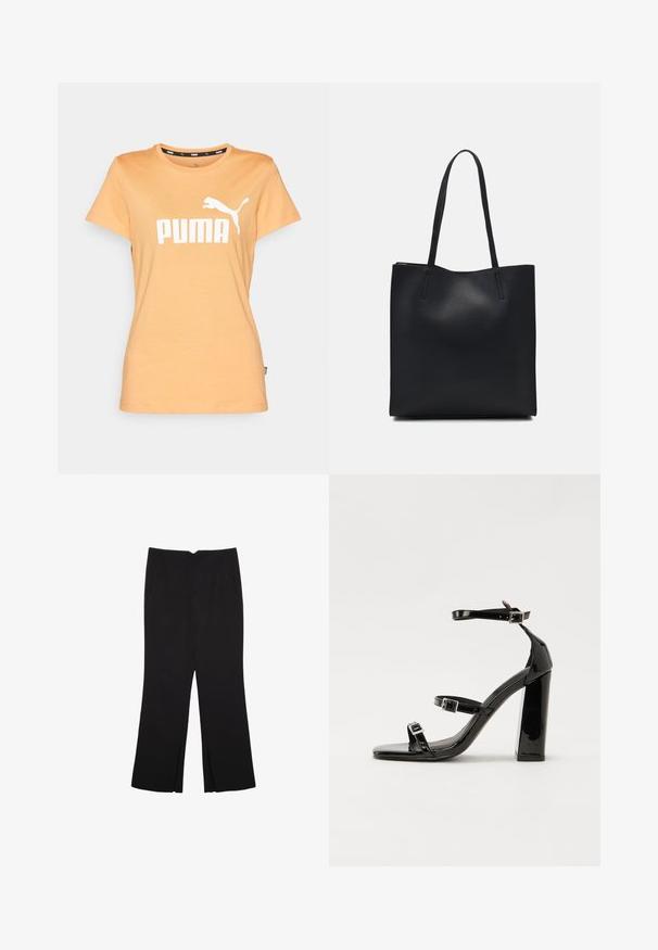 T-shirt kratkih rukavov, breskevne barve, blagovne znamke Puma, z belim logotipom Puma in besedilom v središču prsnega dela, prikazan na enobarvni podlagi.; Črne hlače ravnega kroja z naglavnimi žepi in stranskimi razporki na robu. Narejene iz mehke, gladke tkanine. Primerne za različne priložnosti.; Črne lakirane sandale s peto, kvadratnim prstom, trakovi okrog gležnja in srebrnimi zaponkami. Opremljene so s stabilno Debelo peto.; Črna usnjena torba s svilnato teksturo, pravokotne oblike in dvema dolgima ročajema. Brez vidnih metalnih delov ali okrasnih elementov.