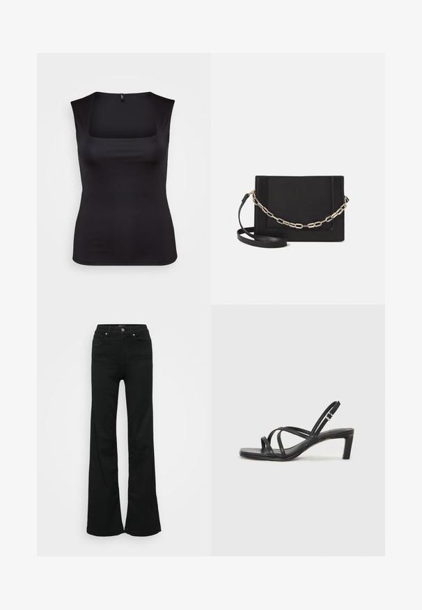 Black sleeveless top made of smooth fabric, featuring a square neckline and a fitted design, with clean edges and no visible patterns or accents.; Black flared jeans made from denim, featuring a high waist, five pockets, and metal button closure. Smooth texture with minimal detailing.; Black strappy sandal with a square toe and a low block heel. Features multiple thin straps and an adjustable ankle strap. Made of smooth leather.; Black leather crossbody bag featuring a smooth texture, rectangular shape, and a metallic chain detail on the front. Adjustable strap included.