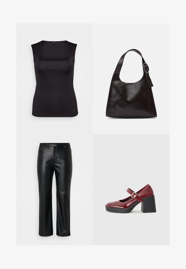 Black sleeveless top made of smooth fabric, featuring a square neckline and a fitted design, with clean edges and no visible patterns or accents.; Black faux leather pants with a straight cut, featuring belt loops, front pockets, and a zip fly with a button closure. Smooth texture.; Burgundy patent leather Mary Jane heels with a wide block heel, adjustable strap, and round toe design. Textured black sole.; Brown leather shoulder bag with a smooth texture, rounded shape, wide strap, and circular metallic accent on the handle.