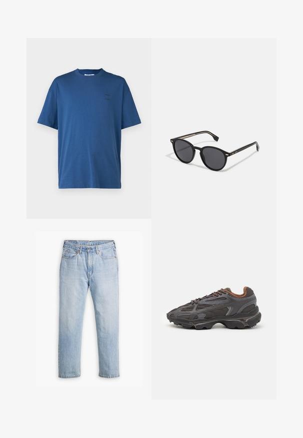 Samsøe Samsøe JOEL - T-shirt - bas - true navy; Ljusblå denimjeans med rak ben-design, femfickorsstil och kontrasterande sömmar. Knapp- och dragkedjestängning vid midjan.; Lacoste-sneakers i mörkgrått med nät och syntetmaterial, med en strukturerad sula och bruna detaljer på kragen och varumärket.; BOSS Solglasögon - black