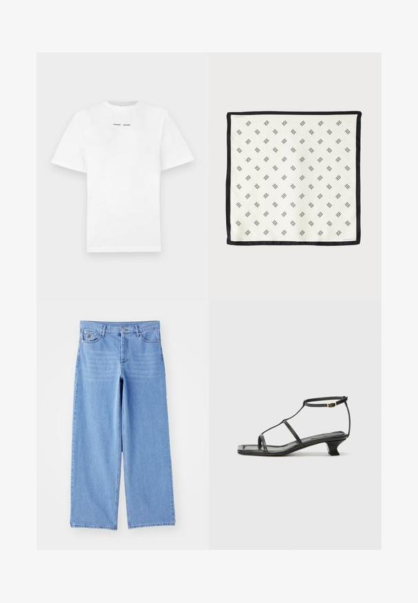 Camiseta de algodón blanca con mangas cortas, cuello redondo y texto impreso en negro "SAMSØE SAMSØE" en el pecho. Textura suave y ajuste regular.; Jeans de pierna ancha de color azul claro, confeccionados en denim, con un diseño clásico de cinco bolsillos y cierre de botón. Textura suave, dobladillo deshilachado.; Sandal de cuero negro con punta cuadrada, correas delgadas, correa ajustable en el tobillo y un tacón bajo. Presenta un pequeño detalle dorado en la correa.; Seda blanca con un patrón geométrico negro repetido, bordeada con un borde negro sólido. Ligera y con una textura suave.