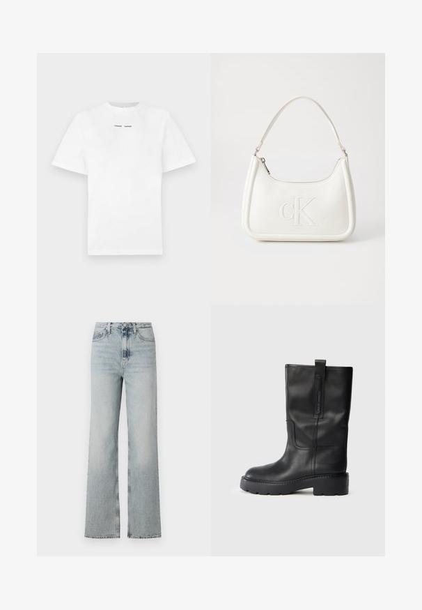 Hvit bomull t-skjorte med korte ermer, rund hals og svart trykket tekst "SAMSØE SAMSØE" på brystet. Glatt tekstur og vanlig passform.; Høytliv, lyseblå denimjeans med vid benstil, som har fem lommer og subtil fading langs stoffet.; Sorte skinn kne-høye støvler med et elegant design, med tykk såle og et sidehank for enkel påkledning. Merket med synlige sømdetaljer.; Hvit lærveske med en buet fasong, med et preget "CK"-logo på forsiden og en enkel skulderstropp. Glidelåslukking på toppen.