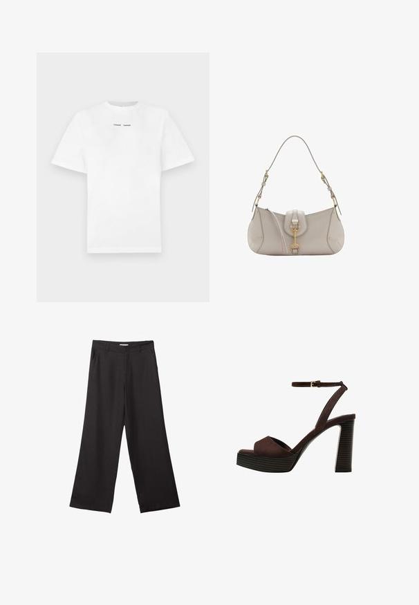 Hvid bomulds t-shirt med korte ærmer, rund halsudskæring og sort trykt tekst "SAMSØE SAMSØE" på brystet. Glat tekstur og almindelig pasform.; Sorte bukser med vidde, lavet af glat stof, med en frontlynlås og to sidelommer, i en skræddersyet pasform og minimalistisk design.; Brune ruskinds højhælede sandal med åben tå, justerbar ankelrem og en stribet plade sål.; Lys grå lædertaske med en buet form, guldhardware, en lås foran og syede detaljer. Justerbar skulderrem inkluderet.