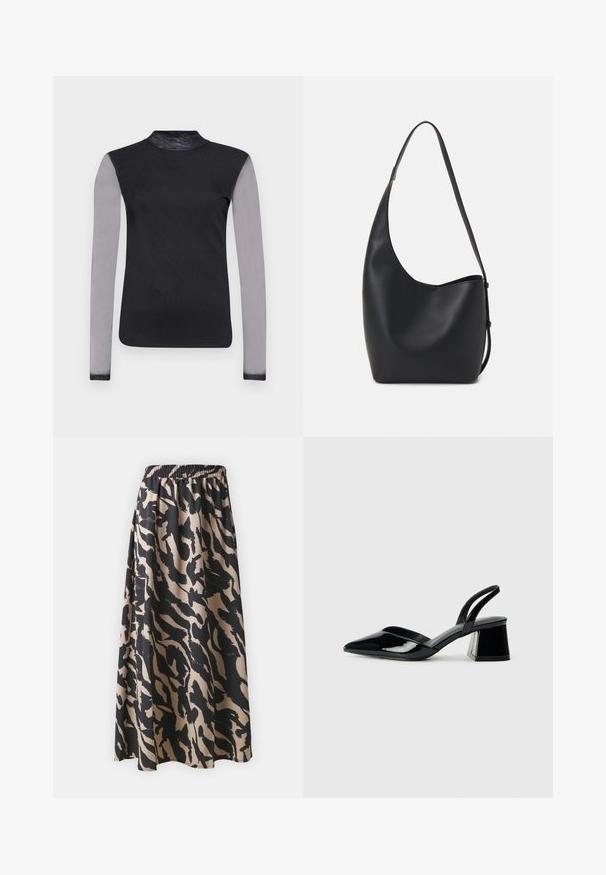 Fekete hosszúujjú felső, álló gallérral, áttetsző szürke ujjaival és sima fekete testével. Feszes silhouette-re tervezve.; Fekete és bézs színű, hosszú szoknya rugalmas derékkal, absztrakt állatmintás motívummal és lebegő szilhuettel.; Fekete lakk bőr szandálkés magas sarkú cipő, hegyes orral és geometrikus tömbsarkakkal. Karcsú, minimalista dizájn és sima textúra jellemzi.; Fekete bőr hobo táska sima textúrával, ívelt formával és egyetlen állítható pánttal; széles nyílás található a tetején.