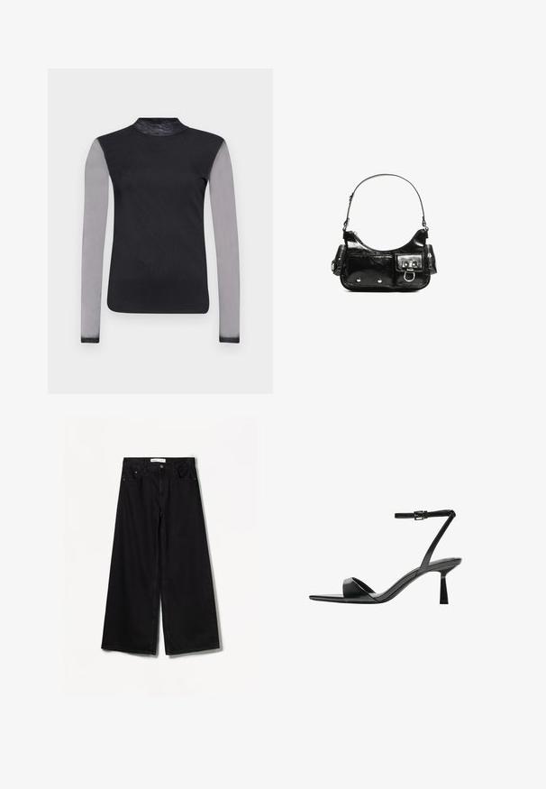 Top nero a maniche lunghe con colletto alto, caratterizzato da maniche trasparenti grigie e un corpo nero liscio. Progettato con una silhouette aderente.; Bershka WIDE-LEG - Wide Leg - black; Bershka Sandali con tacco - black; Borsa a spalla in vernice nera con forma curvata, una tracolla, tasche frontali e dettagli in metallo argentato.