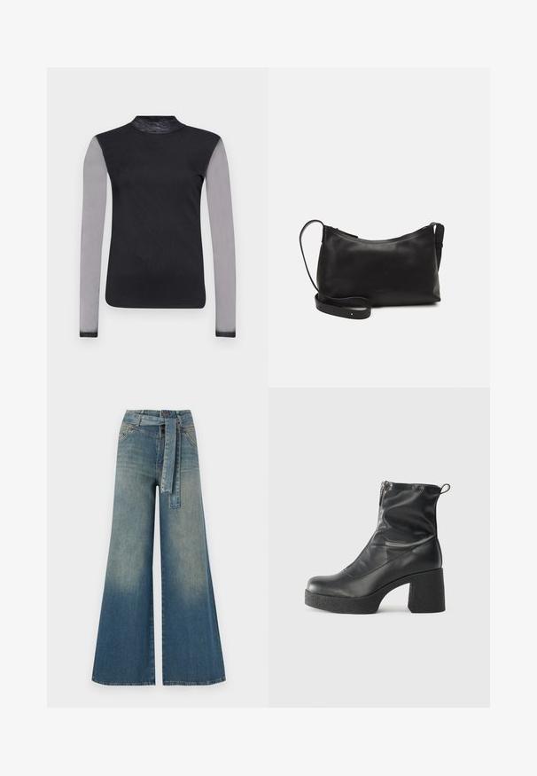 Black long-sleeve top with a mock neck, featuring sheer grey sleeves and a smooth black body. Designed with a fitted silhouette.; Wide-leg denim trousers featuring a light to dark blue gradient, high waist, belt loops, and a matching fabric belt. Textured denim finish.; Black ankle boots made of smooth leather, featuring a side zipper, chunky textured heel, and rounded toe design.; Black leather shoulder bag with a smooth texture, curved shape, adjustable strap, and a zip closure. Minimalist design without embellishments.