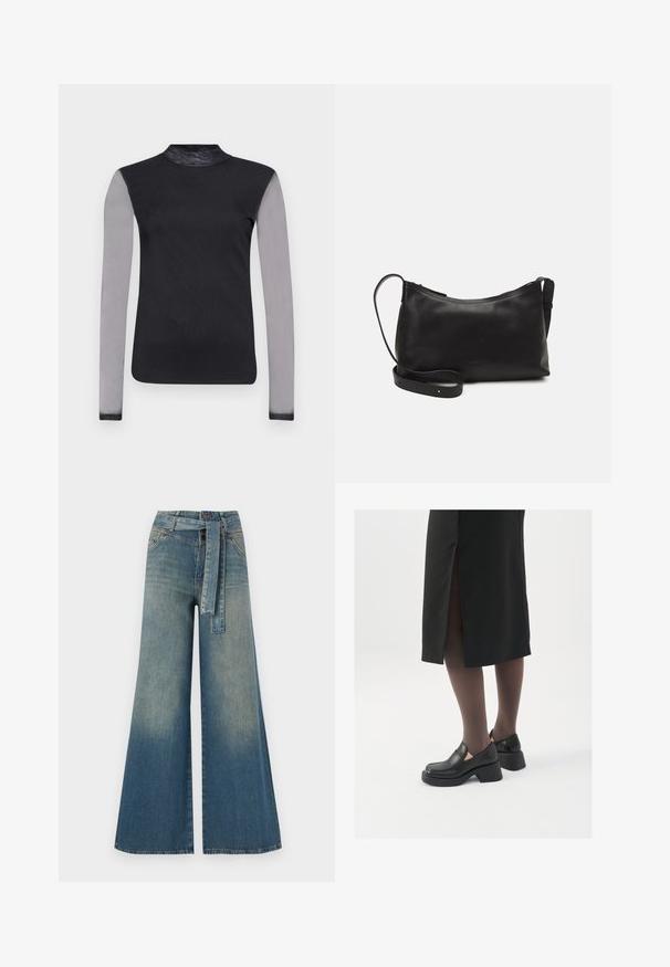 Black long-sleeve top with a mock neck, featuring sheer grey sleeves and a smooth black body. Designed with a fitted silhouette.; Wide-leg denim trousers featuring a light to dark blue gradient, high waist, belt loops, and a matching fabric belt. Textured denim finish.; Black leather shoes with a rounded toe, thick block heel, and elastic side accents, paired with dark tights and a black skirt with a slit.; Black leather shoulder bag with a smooth texture, curved shape, adjustable strap, and a zip closure. Minimalist design without embellishments.