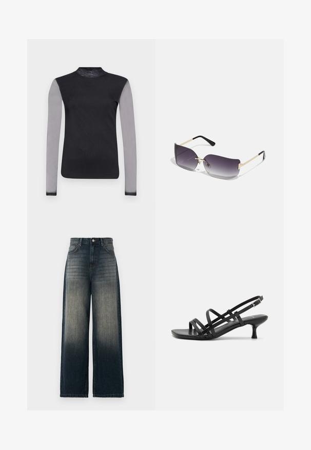 Černý top s dlouhými rukávy a stojáčkem, s průsvitnými šedými rukávy a hladkým černým spodním dílem. Navržen s přiléhavým střihem.; Kraťasy s širokými nohavicemi z tmavého denimu, se zesvětlenou gradientní barvou od tmavé po světlejší, pěti kapsami a kontrastním švem.; Černé sandály na podpatku s několika křížovými pásky. Hladký materiál, špičatá špička a úzký podpatek. Nastavitelný pásek kolem kotníku s přezkou.; Sluneční brýle s šedým gradientním sklem, zlatým kovovým rámem a černými plastovými akcenty. Unikátní čočky ve tvaru motýla s tenkými nožičkami.; Černá kabelka typu hobo vyrobená z hladkého materiálu podobného kůži se zkroucenou rukojetí, která má měkký, zaoblený tvar a horní zipové uzavření.