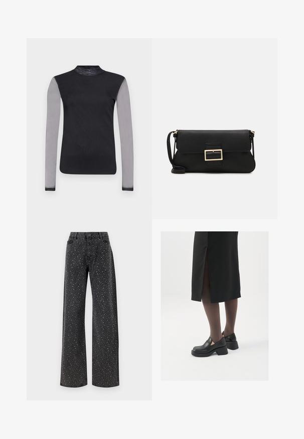 Mustaga pikkade varrukatega topp, millel on liibuv kaelus, hallid läbipaistvad varrukad ja siledast mustast kangast kereosa. Kujundus on liibuva siluetiga.; Noisy May NMJANNEL LOOSE - Avar lõikega teksad - black denim; Mustad mustad jalatsid ümmarguse varbaga, paksu plokkniidi ja elastsete külgdetailidega, kombineeritud tumedate sukkade ja musta lõhikuga seelikuga.; Must haben musta nahkklahviga kott, millel on klapp ja kuldne metallist pandla detail. Kaasas must rihm ja stiilne, minimalistlik disain.; Hõbedased rõngastikkaehingad minimalistlikus disainis. Ümar kuju, sile tekstuur ja õhuke profiil. Kerged ning poleeritud viimistlusega.