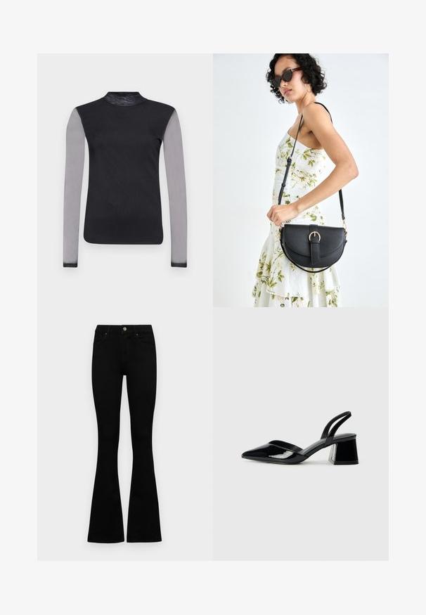 Fekete hosszúujjú felső, álló gallérral, áttetsző szürke ujjaival és sima fekete testével. Feszes silhouette-re tervezve.; Fekete, magas derekú farmernadrág gomb- és cipzárzárral, elülső zsebekkel és harangszárral, laposan egy fehér háttérre terítve.; Fekete lakk bőr szandálkés magas sarkú cipő, hegyes orral és geometrikus tömbsarkakkal. Karcsú, minimalista dizájn és sima textúra jellemzi.; Fekete bőrtáska ívelt formával, levehető pánttal és arany színű fémrészekkel. A táskán egy csattal díszített fedél található.