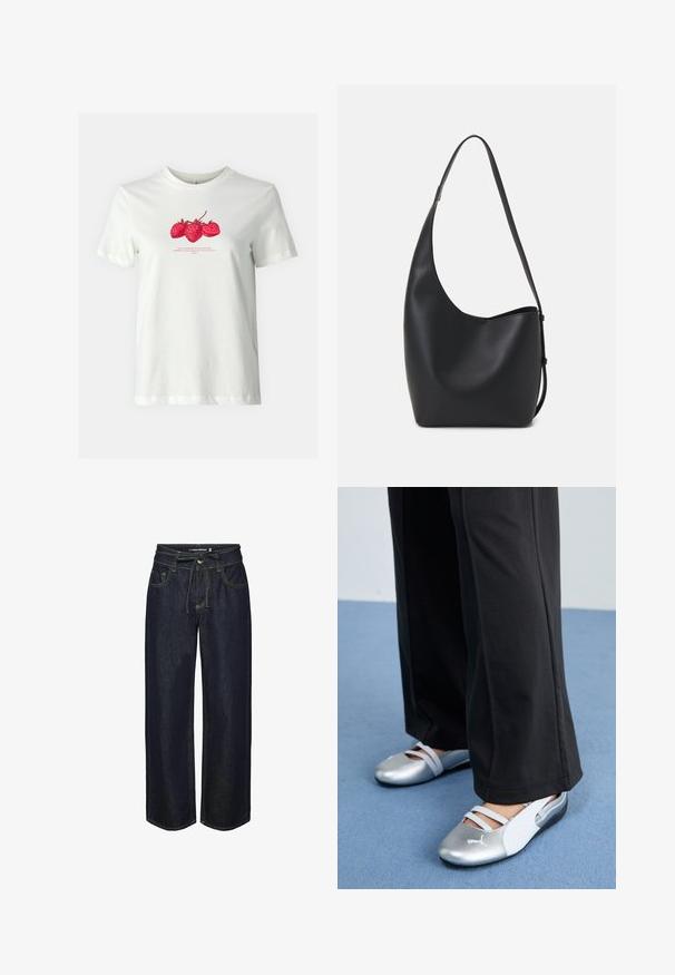 ONLY ONLKATE TEE - Trükipildiga T-särk - cloud dancer; Tume teksast laiad pükse, millel on paelaga vöökoht, kontrastõmblused, eesmine taskud ja veidi lõtv sobivus.; Hõbedased ja valged lameste kingad risti rihmadega ning tekstuursete detailidega, mida täiendab laiad mustad püksid. Taustal on sinine põrand.; Mustast nahast hobo kott, millel on sile tekstuur, kumer kuju ja üks reguleeritav rihm; peal on lai avaus.