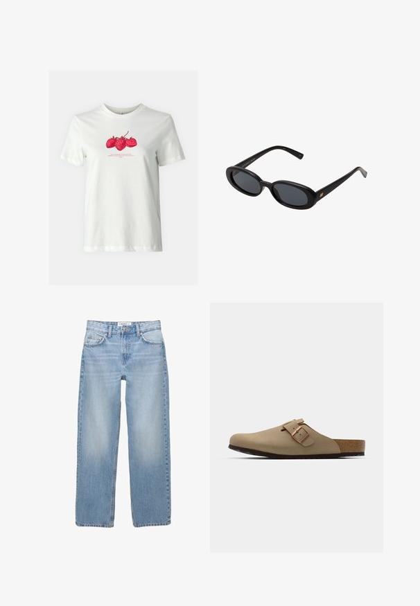 ONLY ONLKATE TEE - Nyomott mintás póló - cloud dancer; Világoskék farmerek, egyenes lábformával, öt zsebbel és látható varrási részletekkel. Az anyag puha, enyhén kopott textúrájú.; Beige szandálok lekerekített orral, állítható csattal és parafa talppal. Texturált felület fekete gumitalppal a tapadásért.; Fekete, oversize napszemüveg ovális lencsékkel, sima műanyag kerettel és arany részletekkel a fülpánton. Sötét lencséi védelmet nyújtanak a napfény ellen.