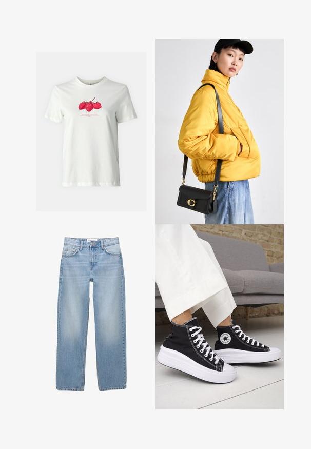 ONLY ONLKATE TEE - Tričko s potlačou - cloud dancer; Svetlomodré džínsy s rovnými nohavicami, päť vrecovými detailmi a viditeľným šitím. Tkanina má mäkkú, jemne vyblednutú textúru.; Čierne vysoké tenisky s bielymi gumovými podrážkami a šnúrkami. Obsahujú okrúhlu nášivku s logom a kontrastné biele prešívanie. Materiál je plátený.; Žltá prešívaná bunda s vysokým golierom a prednou vreckom, doplnená čiernou crossbody taškou so zlatým príslušenstvom. Neformálne džínsové nohavice.