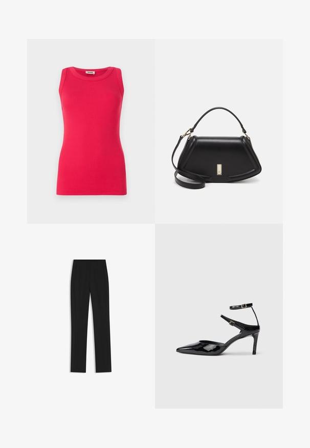 Fitted, sleeveless top made of ribbed fabric in bright pink. Features a round neckline and smooth texture with clean edges.; Black tailored trousers with a straight-leg design, featuring front pockets and a smooth, textured fabric. Neat, minimal detailing.; Black patent leather heels with a pointed toe, adjustable ankle straps, and a slender heel. Smooth texture with a shiny finish.; Black leather handbag with a structured design, featuring a cropped shape, top handle, and gold hardware accent. Adjustable shoulder strap included.