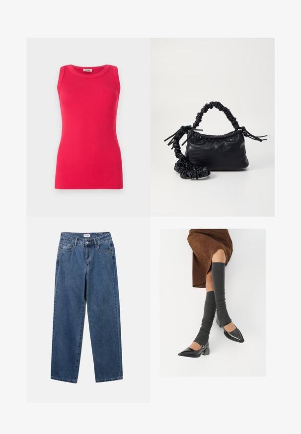 Fittet, ærmeløs top lavet af ribbet stof i klar pink. Har en rund halsudskæring og en glat tekstur med rene kanter.; Klassiske blå denimbukser med lige ben, fem lommer og knaplukning. Har en medium vask og en robust tekstur.; Sorte patenterede lædersko med spids tå, blokhæl og ankelrem, kombineret med grå ribbede benvarmere og en brun ruskinds nederdel.; Sort kunstlæder håndtaske med krokodilteksur, indsnøret top og en sammenkrøben rem. Ser blød og kompakt ud i designet.