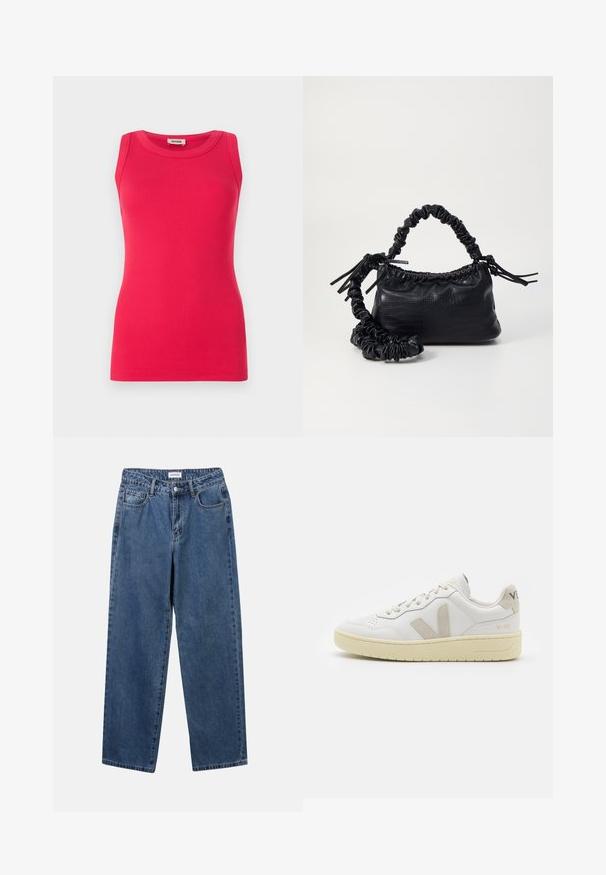 Fittet, ærmeløs top lavet af ribbet stof i klar pink. Har en rund halsudskæring og en glat tekstur med rene kanter.; Klassiske blå denimbukser med lige ben, fem lommer og knaplukning. Har en medium vask og en robust tekstur.; Hvide lærreds sneakers med beige ruskindsdetaljer, perforeret tåboks, flade snørebånd og en struktureret cremefarvet sål. Har diskret branding på hælen.; Sort kunstlæder håndtaske med krokodilteksur, indsnøret top og en sammenkrøben rem. Ser blød og kompakt ud i designet.