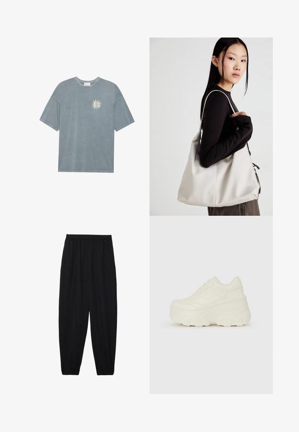 Svetlobluzna oversized majica iz mehke bombažne tkanine z okroglim izrezom in grafiko rumenega sonca na levem prsnem delu.; Črne, lahke hlače z elastičnim pasom in nabranimi gležnji. Tkanina je gladka in ima sproščen, taperiran dizajn.; Bele platformske tene z belim zgornjim delom, ki spominja na usnje, okroglo obliko, oblazinjen ovratnik ter gumo z teksturo na podplatu z izrazitimi profili.; Bežna torbica iz mehkega materiala, z ohlapno zasnovo, šivi in dvema naramnicama. Primerna za vsakodnevno uporabo.