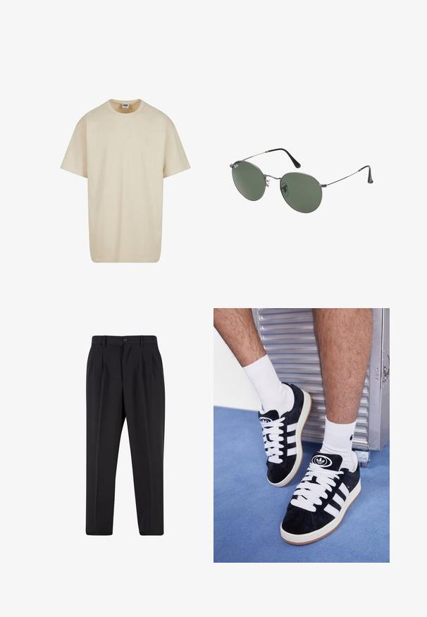 Šviesiai ruda medvilninė marškinėliai su apykakle, trumpomis rankovėmis ir laisvu siluetu. Pasirinkta paprasta dizaino koncepcija, be raštų ar akcentų.; Juodi kelnių su raukšlėtu priekiu dizainu, pagaminti iš lygaus audinio. Su mygtuko užsegimu ir diržo kilpomis; tiesios kojų formos.; Juodos zomšos sportbačiai su baltais raišteliais ir trimis baltais dryžiais. Ant liežuvėlio yra apvalus juodas logotipas, o pado medžiaga – guminė.; Metaliniai akiniai su ovaliais žaliais lęšiais. Plonas sidabro spalvos metalinis rėmas ir juodi ausų laikikliai. Minimalistinis dizainas, be matomų logotipų.