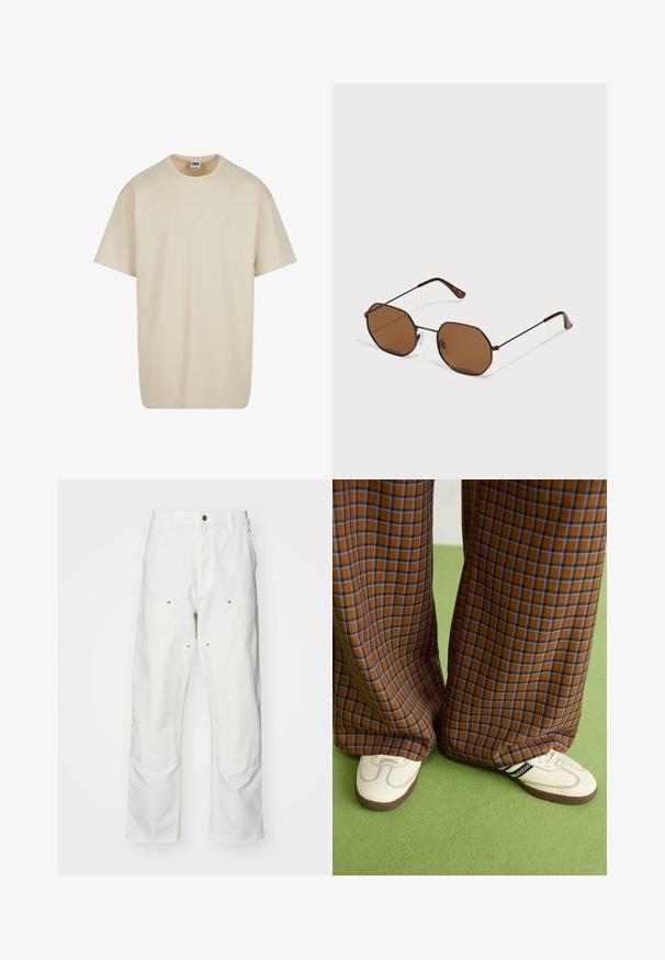 Bežové bavlněné tričko s kulatým výstřihem, krátkými rukávy a volným střihem. Má jednoduchý design bez vzorů nebo akcentů.; Bílé bavlněné cargo kalhoty s volným střihem. Vlastnosti zahrnují přední kapsy, zlaté kovové detaily a zpevněné oblasti na kolenou.; Hnědo-modré kostkované široké kalhoty doplněné bílými botami s černými akcenty a texturovanou podrážkou, umístěné na zeleném pozadí.; Hnědé osméhranné sluneční brýle s tenkými temnými kovovými rámy, nastavitelnými nosními podložkami a hnědými tónovanými skly; sp temples mají oranžový akcent.
