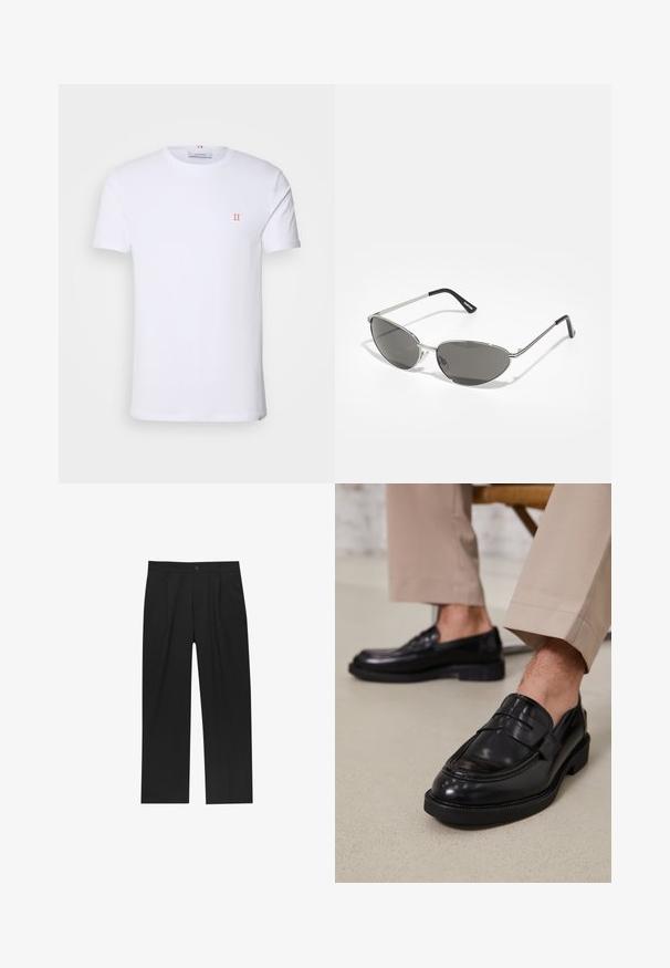 Biała bawełniana koszulka z krótkim rękawem, z małym pomarańczowym logo "II" na lewej piersi i okrągłym dekoltem. Prosty design i faktura.; Czarne spodnie o prostym kroju, wykonane z gładkiego materiału. Posiadają zakładki z przodu i pojedyncze zapięcie na guziki w pasie.; Czarne skórzane mokasyny o gładkim wykończeniu, z dekoracyjnym paskiem i kontrastowym szwem, w połączeniu z beżowymi spodniami.; Okulary przeciwsłoneczne z elegancką, srebrną metalową ramą, szarymi soczewkami i aerodynamicznym kształtem z wyraźnymi krawędziami oraz cienkimi zausznikami.