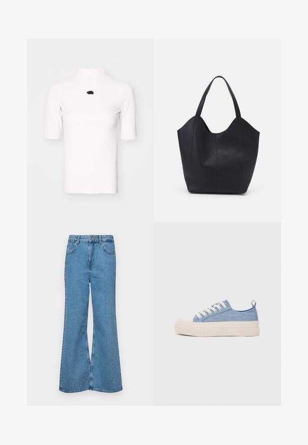 Witte geribde turtleneck top met korte mouwen en een zwart logo-accent op de borst. Kenmerkt zich door een slim-fit ontwerp met een gladde textuur.; Lichtblauwe flared jeans van denim, met een hoge taille, vijf zakken en een enkele knoopsluiting. Zachte textuur met een vervaagde afwerking.; Lichtblauwe canvas sneakers met een crème rubberen neuskap en zool, voorzien van witte veters en een trekstrip op de hiel.; Zwarte tote tas van glad leer, met een gebogen, open bovenkant en twee schouderbanden, en een minimalistisch ontwerp.