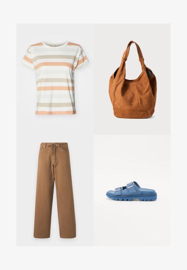 Striped t-shirt in soft cotton, featuring alternating light peach, beige, and green stripes on a white background. Crew neck and short sleeves.; Brown wide-leg pants made from cotton, featuring a drawstring waist and two front pockets. Textured fabric with a smooth finish.; Blue platform sandals with two adjustable buckle straps, textured rubber sole, and smooth upper material. Chunky, rounded design.; Brown suede shoulder bag with a soft texture, curved shape, and two handles. Features a minimal design with no visible hardware or accents.