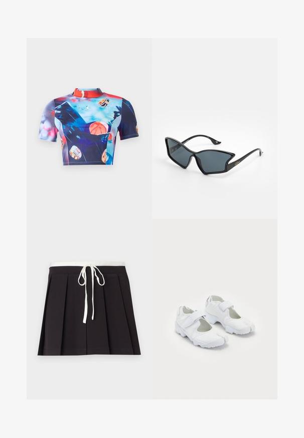 Kortärmad croppad topp i stretchigt, slätt tyg med ett livligt flerfärgat tryck med basketmotiv och en hög kragdesign.; Vit ärmlös topp med V-ringning, texturerat tyg och knytning i midjan. Slät nederkant och avslappnad design, lämplig för varmt väder.; Svart plisserad kjol med en vit vävd dragsko i midjan. Tillverkad av mjukt tyg, med en slät textur och en enkel, klassisk design.; Vitaididra skor med texturerad ovandel, justerbart kardborreband, rund tå och en kraftig sula med distinkt mönster.; Svarta plastsolglasögon med geometrisk kattöga-form, grå linser och guldbeklädnader på bågarna. Slät yta över hela ramen.