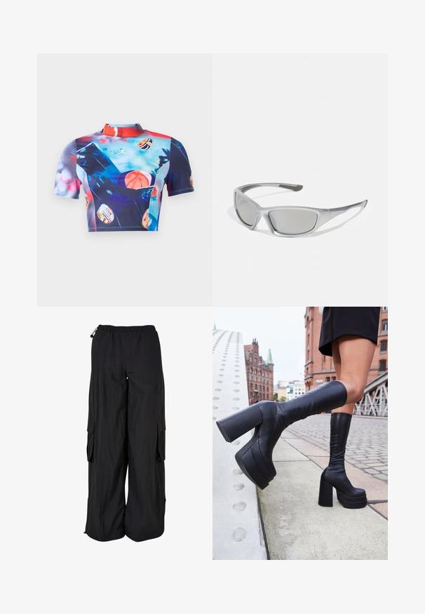 Top corto de manga corta en tejido elástico y suave, con una impresión multicolor vibrante que presenta motivos de baloncesto y un diseño de cuello alto.; Pantalones cargo negros con cintura elástica, corte holgado, tejido ligero, bolsillos laterales y un acabado texturizado sutil.; Botas de plataforma negras hasta la rodilla, hechas de cuero suave, con gruesos tacones cuadrados y un diseño elegante, situadas frente a un fondo de ciudad.; Gafas de sol grises con un marco de plástico elegante y ligero. Presentan lentes grises oscuros y acentos laterales texturizados para un mejor agarre.; Bolsa de tela gris oscuro con un asa curva, textura suave y forma redondeada. Sin hardware ni adornos visibles.