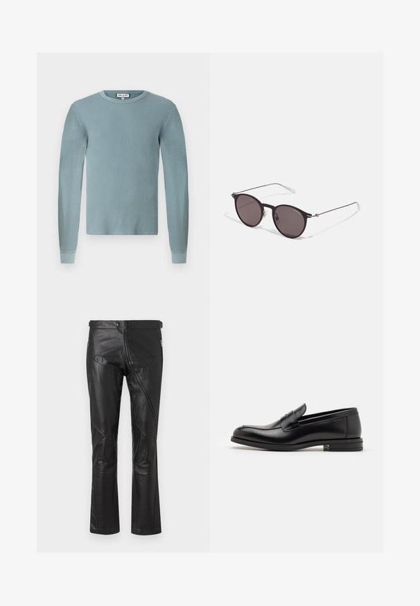 Light blue long-sleeve shirt with a ribbed texture and a round neckline. Features fitted cuffs and a simple branded label on the collar.; Black leather pants with a straight-leg design, featuring zippered pockets, knee patches, and adjustable waist details. Smooth texture.; Black leather loafers with a smooth texture, rounded toe, and a decorative strap across the vamp. Low stacked heel, minimalist design.; Black round sunglasses with dark lenses and slim metal arms. Includes clear temple tips and silver accents at the hinge. Minimalist design.