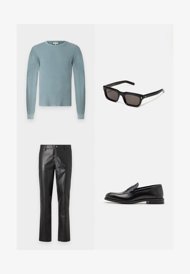 Svijetloplava košulja dugih rukava s rebrastom teksturom i okruglim izrezom. Ima uske manžete i jednostavnu oznaku branda na ovratniku.; Crne kožne hlače s glatkom teksturom, ravnim krojem i suptilnim šavovima uz šavove. Imaju kopčanje na dugme u struku.; Crni kožni mokasini s glatkom teksturom, zaobljenim prstima i ukrasnom trakom preko prednjeg dijela. Niski slojeviti potplat, minimalistički dizajn.; Crne pravokutne sunčane naočale s tamnim lećama, debelim plastičnim okvirom, zlatnim akcentima na sljepoočnicama i logotipom marke ugraviranim na dršku.