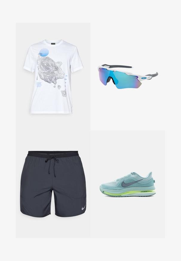 Biele bavlnené tričko s čiernoblohou topografickou mapou, s textovými prvkami a okrúhlou modrou akcentáciou. Krátke rukávy.; Běžecké šortky Nike v tmavě šedé barvě, s elastickým pasem a šňůrkou na stažení, a stříbrným logem na spodní části pravé nohavice.; Svetlomodré tenisky Nike s sieťovaným zvrškom, rebrovaným dizajnom a reflexným šedým swooshom. Obsahujú viditeľnú vzdušnú podrážku s neónovými zelenými akcentmi.; Slnečné okuliare s bielym rámom, so sivými akcentmi a modrými zrkadlovými sklami. Športový dizajn, okrúhly tvar a nastaviteľné nosové podložky.