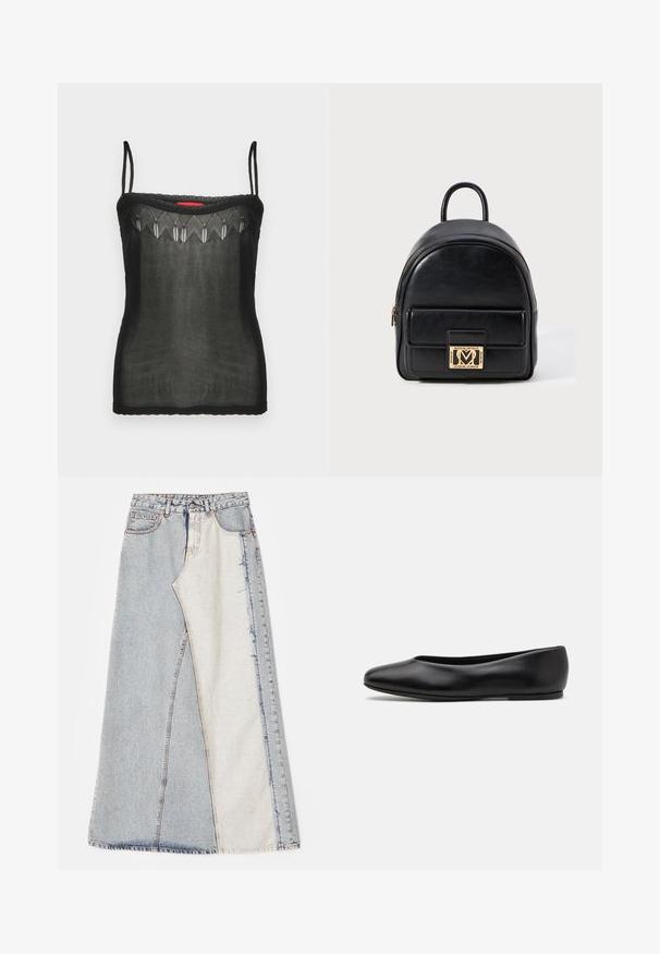 Top de tirantes negro hecho de una tela transparente, con delicados detalles bordados en el escote y finas tiras ajustables.; Falda de mezclilla con un diseño de patchwork que presenta secciones en azul claro y medio, dobladillos deshilachados y cintura alta. Estilo clásico de cinco bolsillos.; Paul Smith TOPANGA - Bailarinas - black; Mini mochila de cuero negra con bolsillo frontal con cremallera y placa con el logotipo dorado de Love Moschino sobre fondo blanco.; Pendientes de aro de oro con un diseño liso y redondeado y un acabado brillante, que cuentan con un cierre para asegurar. Grabados con "DKNY".