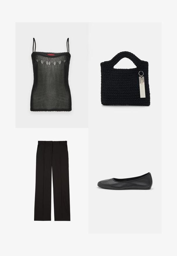 Sort camisole-top lavet af gennemsigtig stof, med delikate broderede detaljer langs halsudskæringen og tynde justerbare stropper.; Sorte skræddersyede bukser lavet af et glat stof, med et lige ben-design og to sidelommer. Elegant og minimalistisk konstruktion.; Sort læderballetsko med rund tå, glat tekstur, minimal syning og et fleksibelt såldesign.; Won Hundred MARSIELLE COMPUTER BAG UNISEX - Computertasker - black