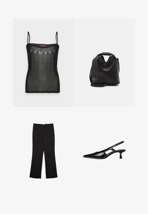 Černý top na ramínka z průsvitné tkaniny, s jemnými výšivkami podél výstřihu a tenkými nastavitelnými ramínky.; Černé kalhoty s rovným střihem, s předními kapsami a bočními rozparky na lemu. Vyrobené z jemné, hladké tkaniny. Vhodné na různé příležitosti.; Černé lakované lodičky na podpatku se špičatou špičkou, výřezovým designem na boku a malým čtvercovým podpatkem. Hladká textura s minimálními akcenty.; Černá, měkká kožená taška s unikátním zkrouceným designem. Obsahuje krátkou rukojeť a odnímatelný ramenní popruh. Minimalistický styl.