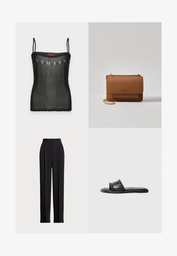 Top de camisola preto feito de tecido transparente, com detalhes bordados delicados ao longo da gola e finas alças ajustáveis.; Calças pretas ajustadas com uma cintura alta, apresentando pregas na frente, um design de perna reta e bainha com punho. Feitas de tecido suave.; Sandal preto em couro com detalhe de fita trançada, sola plana e design elegante. Textura suave e perfil minimalista.; Bolsa crossbody de couro texturizado castanho com alça de corrente dourada e fecho com aba. A parte da frente apresenta detalhe do logótipo e um bolso sob a aba.