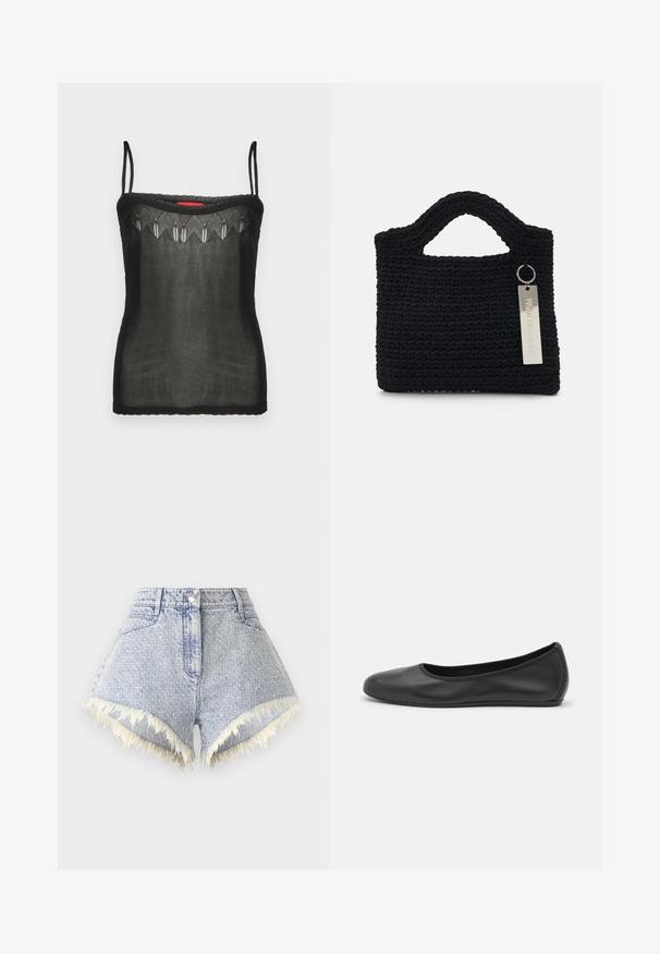 Czarny top na ramiączkach wykonany z przezroczystego materiału, z delikatnymi haftowanymi detalami wzdłuż dekoltu i cienkimi regulowanymi ramiączkami.; Jasnoniebieskie szorty dżinsowe z postrzępionym wykończeniem i białymi akcentami, z przodu zapinane na guzik i z dwiema tylnymi kieszeniami.; Czarne skórzane baletki z zaokrąglonym noskiem, gładką fakturą, minimalnymi przeszyciami i elastycznym designem podeszwy.; Won Hundred MARSIELLE UNISEX czarny