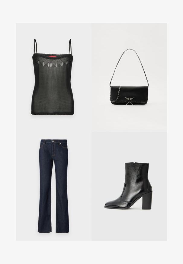 Top negru tip camisole dintr-un material transparent, având detalii brodate delicate pe decolteu și bretele subțiri ajustabile.; Jeans din denim de culoare albastră închisă, cu o formă evazată, design cu cinci buzunare și cusături portocalii contrastante de-a lungul cusăturilor și buzunarelor.; Botină din piele neagră, cu o textură netedă, vârf ascuțit și toc gros, înalt. Dispune de o deschidere laterală și un design minimalist.; Geantă de mână din piele neagră cu un lanț din argint, având accente decorative în formă de aripi și cusături albe de-a lungul cusăturii de jos.