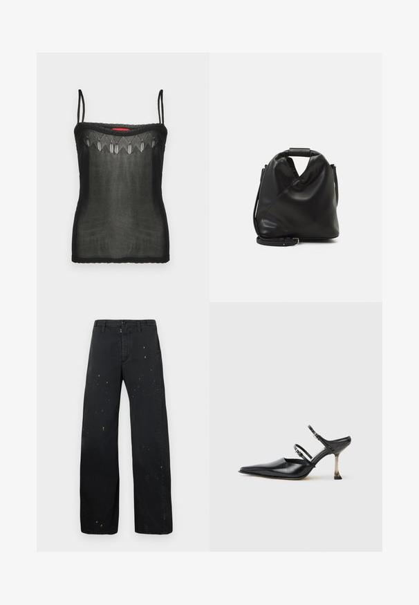 Juodas camisole tipo marškinėlis, pagamintas iš permatomo audinio, puošnus subtiliais siuvinėjimais aplink iškirptę ir plonomis reguliuojamomis petnešomis.; MM6 Maison Margiela PANTS - Laisvo kirpimo džinsai - black; Juodasis odinis batelis su smailiu nosiu ir slingback stiliumi, turintis dvi reguliuojamas juosteles ir metalinį kulną. Lygi tekstūra ir minimalistinis dizainas.; Juodas, minkštas odinis krepšys su unikaliu išsuktiniu dizainu. Yra trumpas rankenas ir nuimamas peties diržas. Minimalistinis stilius.