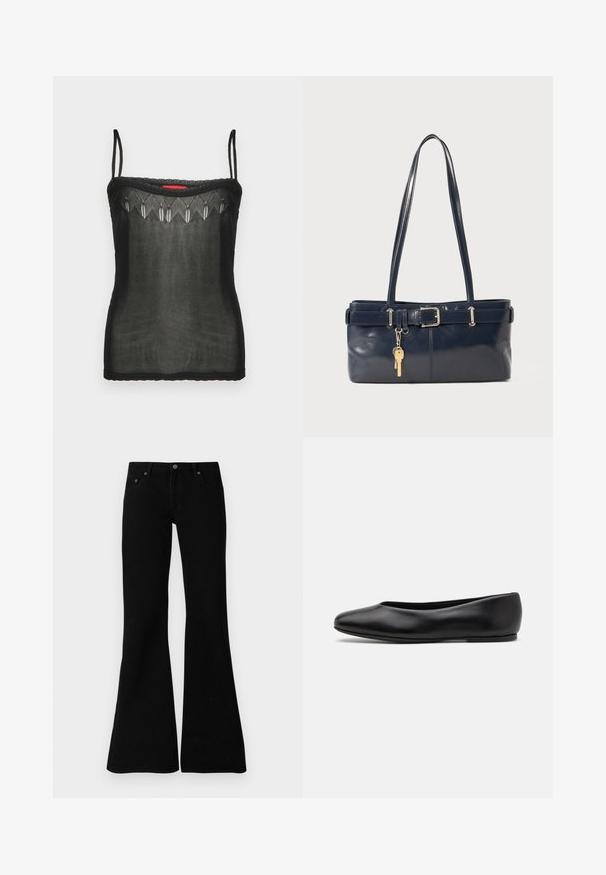 Black camisole top made of sheer fabric, featuring delicate embroidered details along the neckline and thin adjustable straps.; Black flared jeans made from denim, featuring a classic five-pocket design, button closure, and subtle stitching details along the seams.; Paul Smith TOPANGA - Ballet pumps - black; Navy leather handbag with two long handles, a buckle detail, and a keychain attached. Features a smooth texture and a rectangular shape.