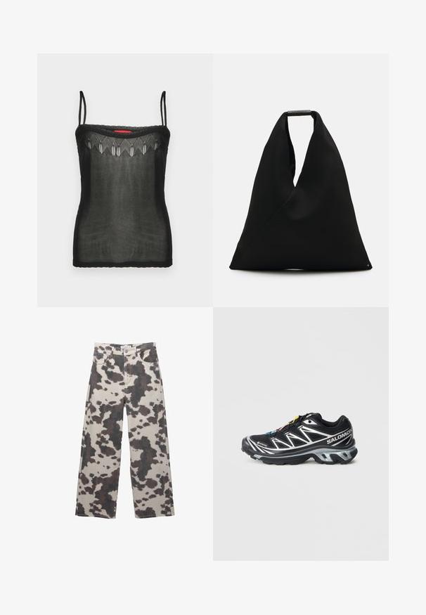 Black camisole top made of sheer fabric, featuring delicate embroidered details along the neckline and thin adjustable straps.; Wide-leg jeans in a beige color with a brown cow print pattern. Features a button closure and five-pocket design. Made from denim fabric.; Black running shoe with silver accents, GORE-TEX material, textured sole, and colorful laces. Features a cushioned heel for support.; Black fabric tote bag with a unique V-shape design and a smooth texture. Features a short handle with minimalistic hardware detail.