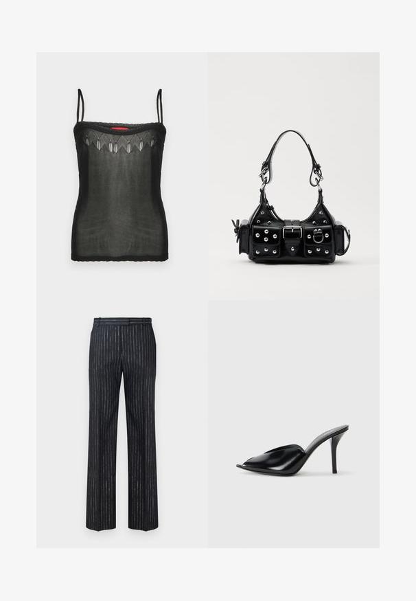 Crna majica bez rukava napravljena od prozirnog materijala, s nježnim vezom duž dekoltea i tankim podesivim trakama.; Tamne hlače s tamno prugastim uzorkom, širokog kroja, izrađene od teksturirane tkanine s vertikalnim srebrnim prugama. Ravni prednji dio i petlje za pojas.; Crne kožne visoke mule s otvorenim prstima, šiljastim dizajnom, glatkom teksturom i uskim štiklama.; Crna kožna torba s zakrivljenim dizajnom, koja sadrži srebrne zakovice, kopču i dva bočna džepa. Podesiva traka za različite opcije nošenja.