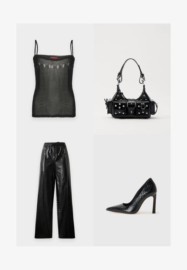 Black camisole top made of sheer fabric, featuring delicate embroidered details along the neckline and thin adjustable straps.; Black leather wide-leg pants with an elastic waistband, drawstring, and gold hardware accents. Smooth texture and loose fit.; Black pointed-toe high heel shoe with a crocodile-skin texture, featuring a sleek design, high stiletto heel, and smooth black interior.; Black leather handbag with a curved design, featuring silver studs, a buckle, and two side pockets. Adjustable strap for carrying options.